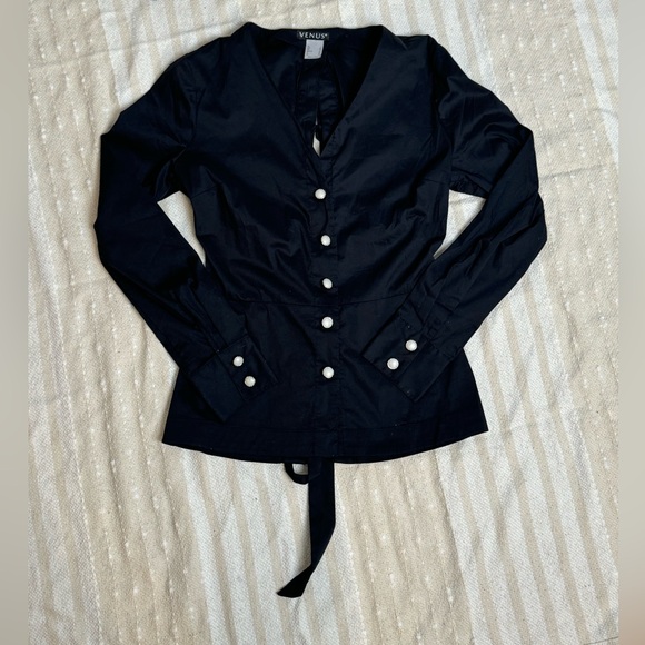 Venus black tie back pearl button down blouse - Picture 9 of 14
